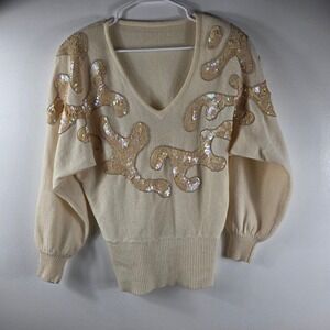 Vintage Cream‎ Sequin Embellished V Neck Balloon Sleeve Sweater Women's